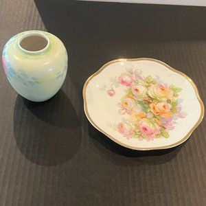 Vintage floral vase and plate, made in Japan ceramic, 1940's